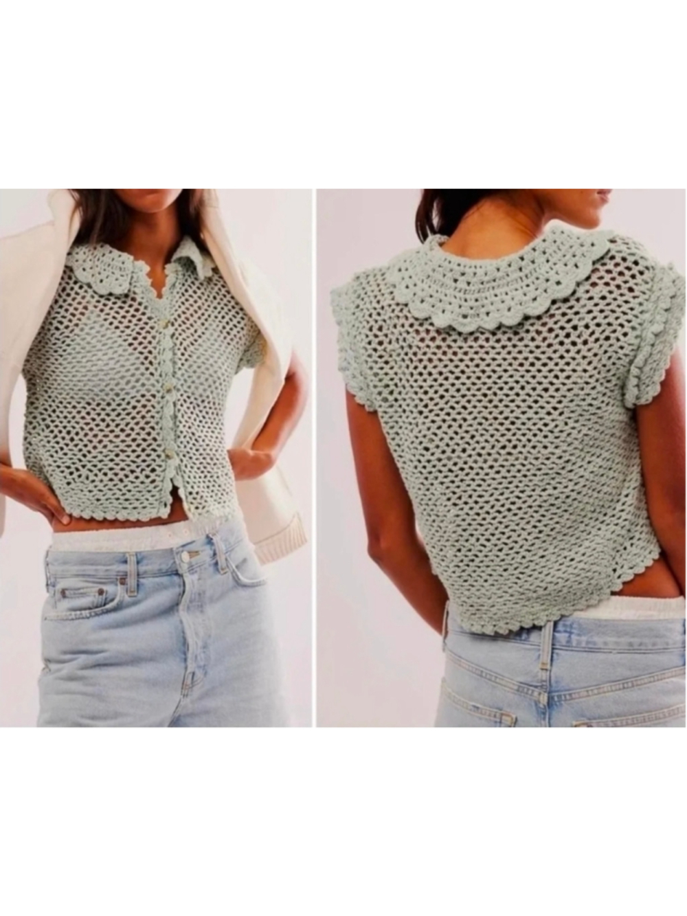 NWT Free People Lily Crochet Top Pale Aqua Mint Open Knit Cottagecore Size XL
